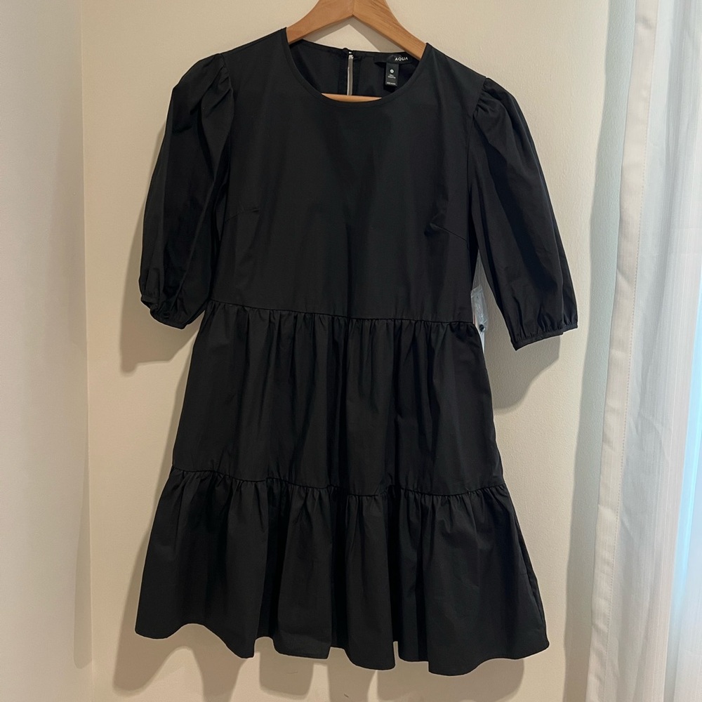 Aqua Black Puff Sleeve Dress